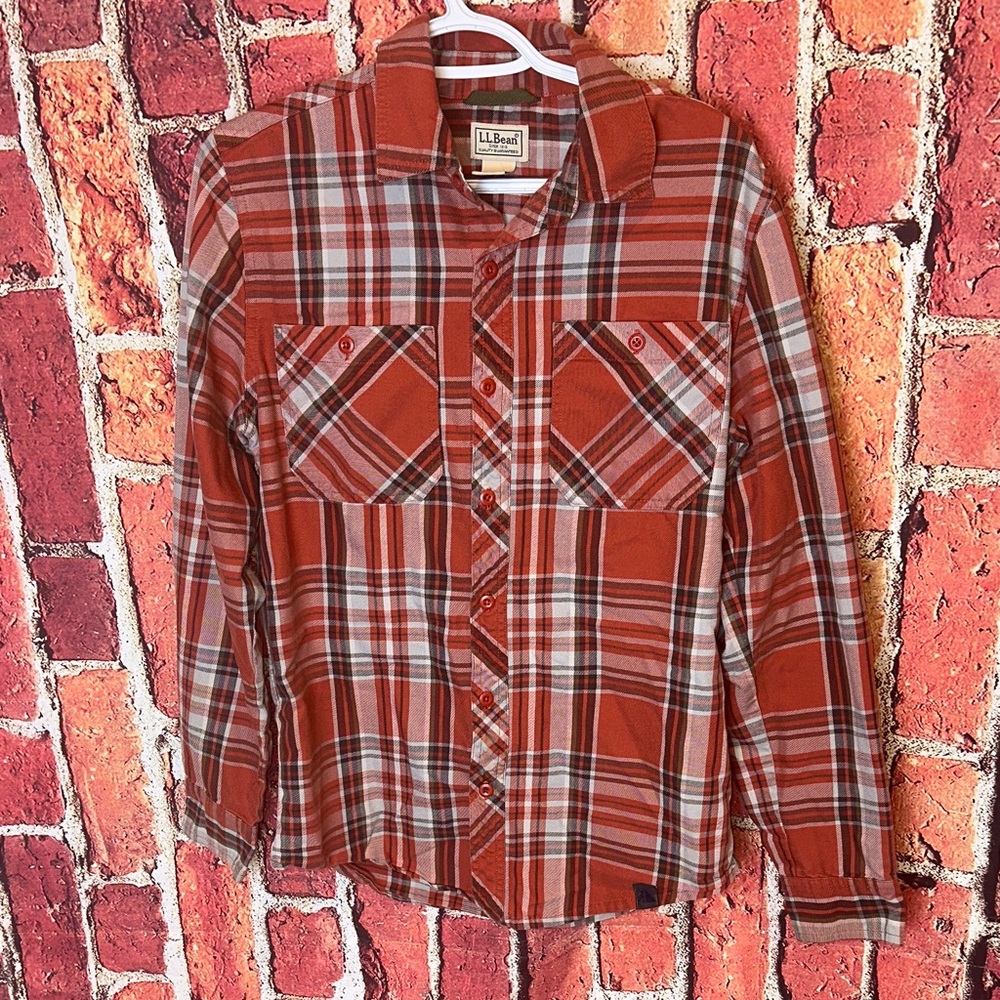 L.L.Bean Men's Orange Plaid Button-Up Shirt Small